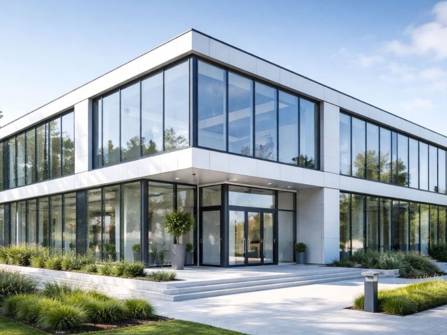 Saubere Glasfassade eines Bürogebäudes in Holzminden – professionelle Fensterreinigung